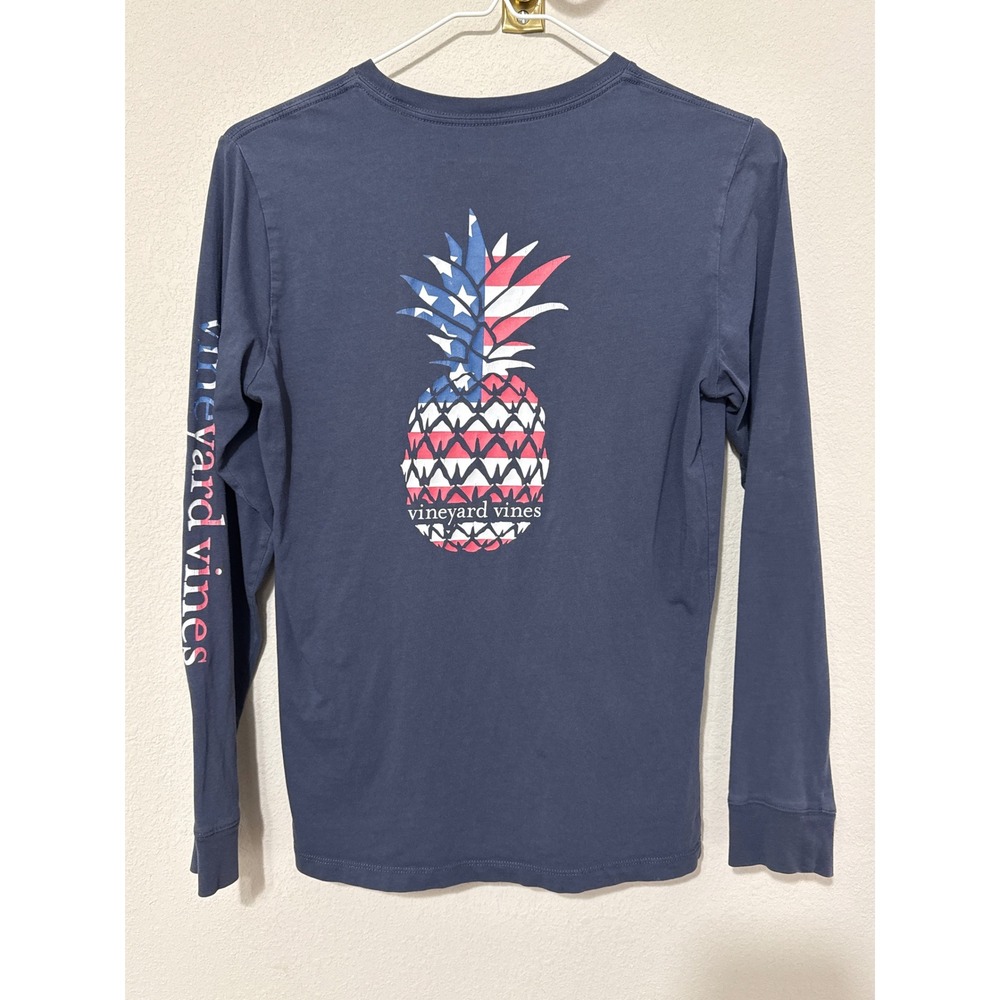 Vineyard Vines Long Sleeve Shirt Kids Medium 12-14 Blue Pineapple Flag Graphic